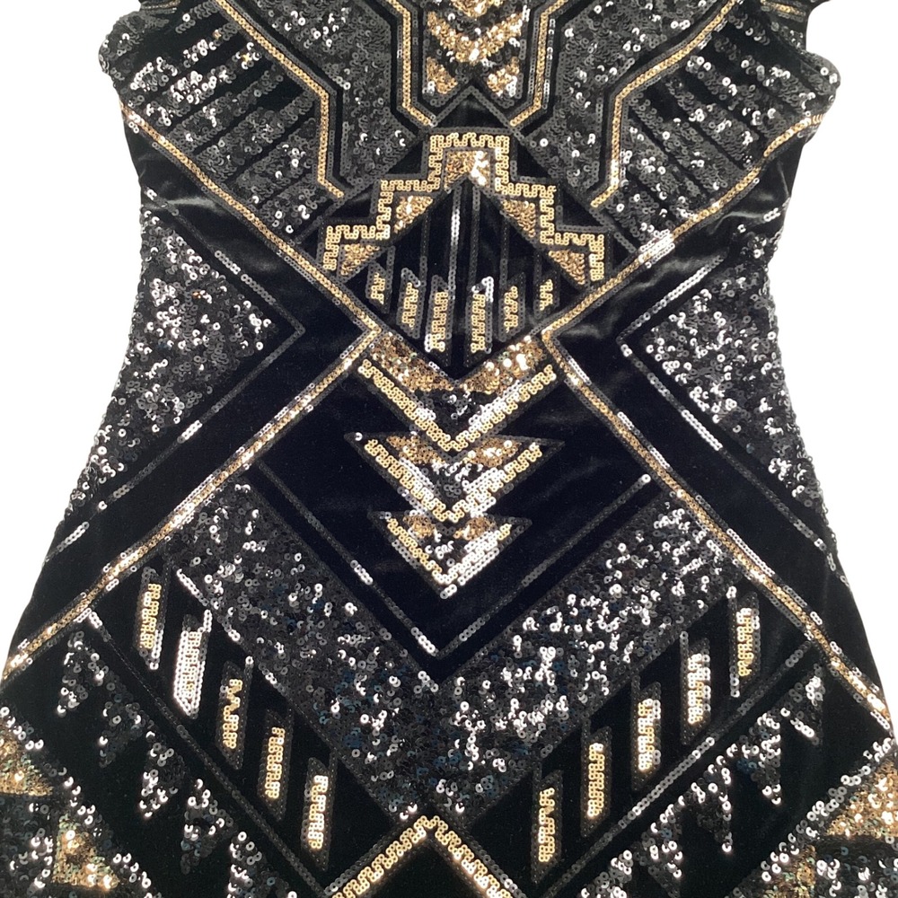 Express Womens Black Velvet Sequin Art Deco Mini‎ Dress Gold Silver XS XS/TP - Picture 7 of 9